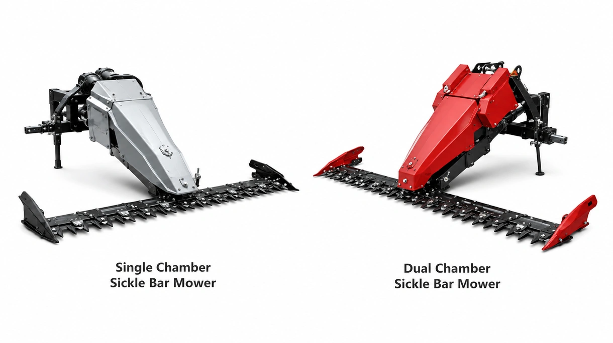 Технический крупный план сегментов ножа и пальцев косилки с режущим брусом двухстороннего действия, демонстрирующий механическую систему привода.