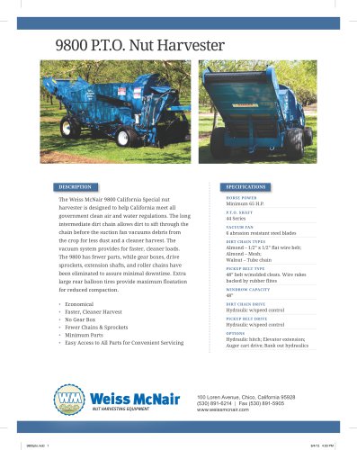 9800 Walnut and Almond Harvester Specifications