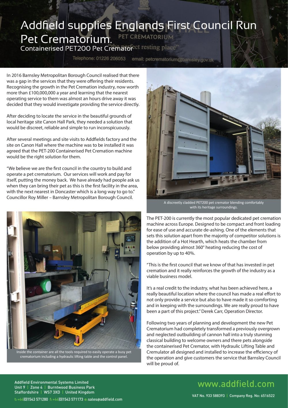 Barnsley Pet Crematorium PET200 Case Study - Addfield Environmental Systems