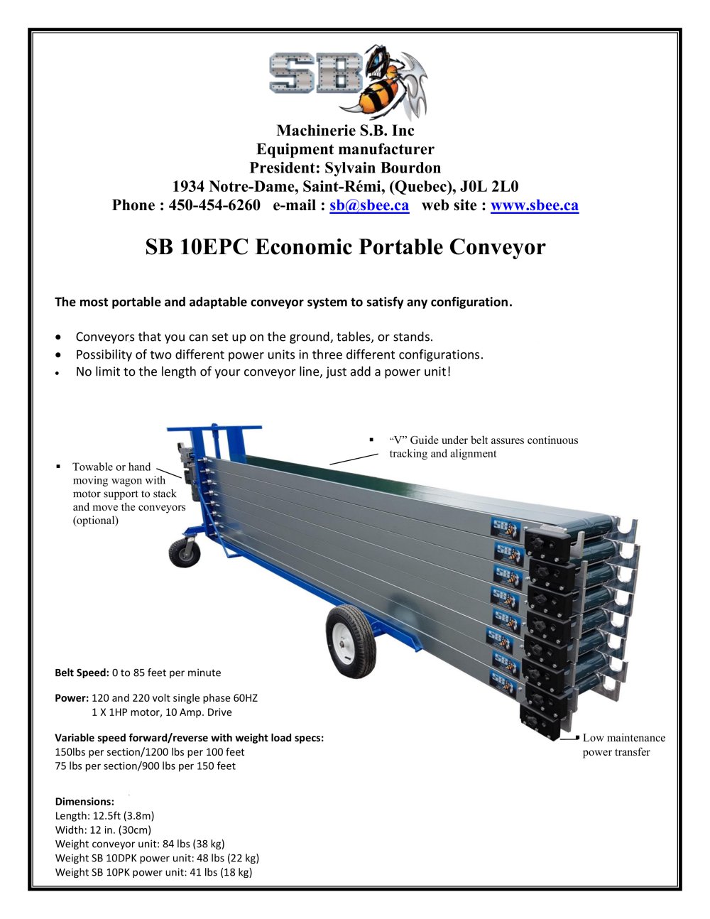 SB 10EPC Economical portable conveyor - Machinerie SB Inc