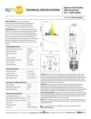 Agrosun Gold Halide (MH) Horizontal H/O - 250W 3000K