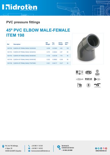 45º PVC ELBOW MALE-FEMALE ITEM 198