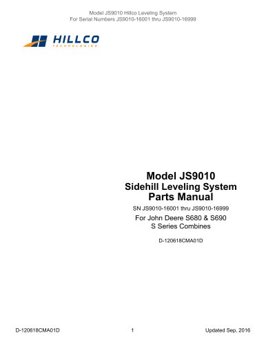 Model JS9010 Hillco Leveling System For Serial Numbers JS9010-16001 thru JS9010-16999