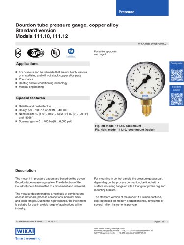 Bourdon tube pressure gauge, copper alloy Standard version Models 111.10, 111.12