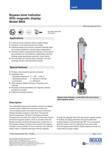 Bypass level indicator With magnetic display Model BNA