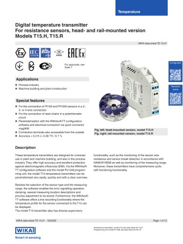 Digital temperature transmitter For resistance sensors, head- and rail-mounted version Models T15.H, T15.R