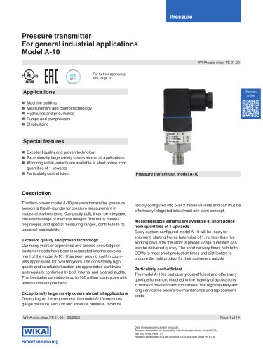 Pressure transmitter For general industrial applications Model A-10